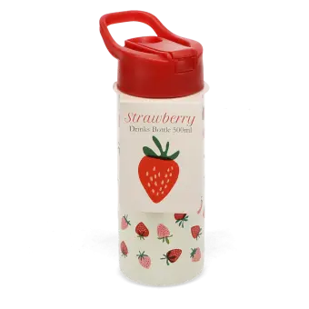 Water bottle with red lid, decorated with small red and pink strawberry illustrations.