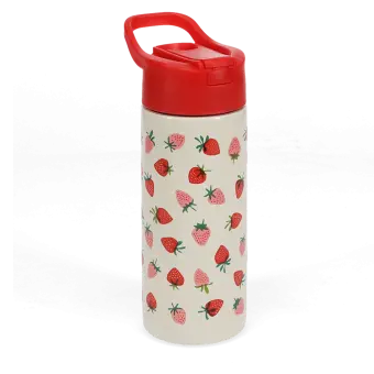 Water bottle with red lid, decorated with small red and pink strawberry illustrations.