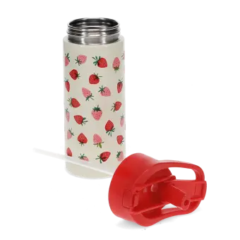 Strawberry-patterned drinks bottle with red lid shown open, straw detached beside it.