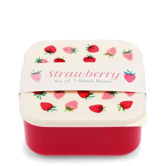 Square snack box with strawberry pattern and label wrap around.