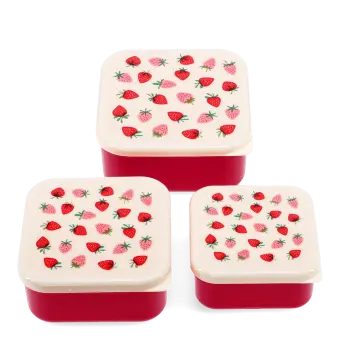 Set of three red square snack boxes with cream lids featuring a strawberry print.
