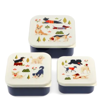 Set of three snack boxes with cream lids featuring playful dog illustrations 