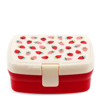 Lunch box with cream lid featuring a pattern of red and pink strawberries print