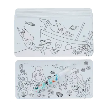 Stack of mermaid-themed magic colouring cards with underwater scenes and a water brush.