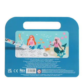 Back of mermaid magic colouring set with illustrated underwater scene and safety warnings.