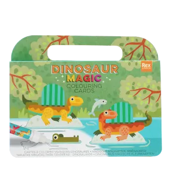 Dinosaur-themed magic colouring card set with illustrated dinosaurs scene on the cover.