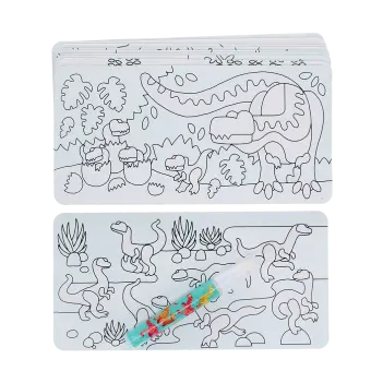 Stack of dinosaur-themed magic colouring cards with line art scenes and a water brush.