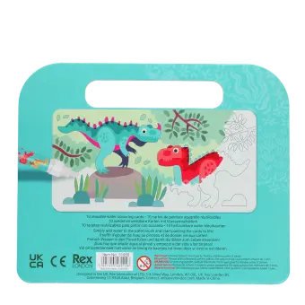Back of dinosaur magic colouring set with illustrated dinosaurs and safety information.