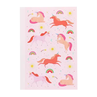 Pink notebook with colourful unicorns, rainbows, stars, and suns on the cover.