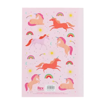 Pink notebook with colourful unicorns, rainbows, stars, and suns on the cover.