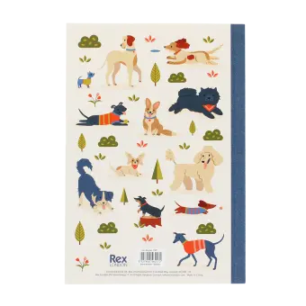 Notebook with illustrated dogs in a park scene on the cover.