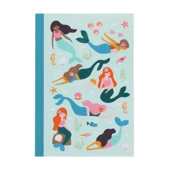 Notebook with illustrated mermaids, sea creatures, and shells on a light aqua cover.