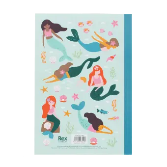 Notebook with illustrated mermaids, sea creatures, and shells on a light aqua cover.