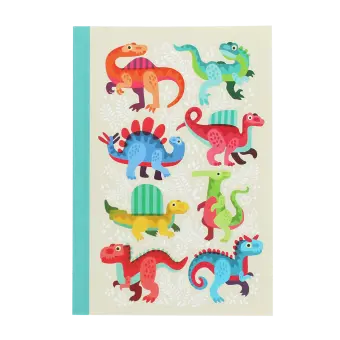 Notebook with colourful dinosaurs on a light background.