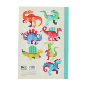 Notebook with colourful dinosaurs on a light background.