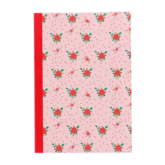 Pink notebook with a french rose design on the cover.