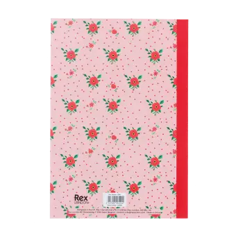 Pink notebook with a french rose design on the cover.