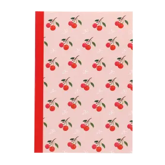 Pink notebook with cherry design on the cover.