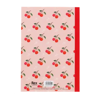 Pink notebook with cherry design on the back cover.