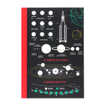 Notebook with space‑themed diagrams, including moon phases, planets, and a rocket on the cover.
