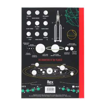 Notebook with space‑themed diagrams, including moon phases, planets, and a rocket on the back cover.