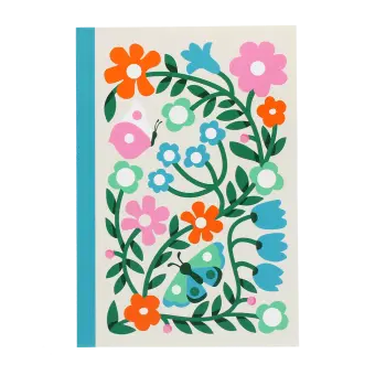 Notebook with colourful illustrated flowers, leaves, and butterflies on the cover.