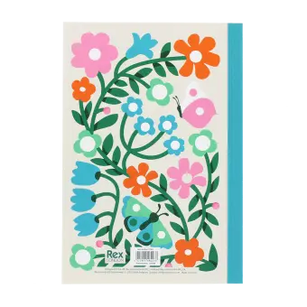 Notebook with colourful illustrated flowers, leaves, and butterflies on the back cover.