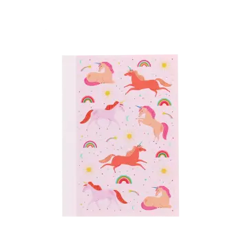Pink A6 notebook with colourful unicorns, rainbows, stars, and suns on the cover.