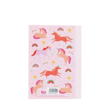 Pink A6 notebook with colourful unicorns, rainbows, stars, and suns on the back cover.