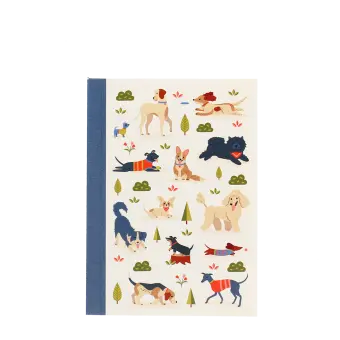 A6 notebook with illustrated dogs in a park scene on the cover.