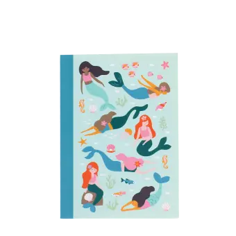 A6 notebook with illustrated mermaids, sea creatures, and shells on a light aqua cover.
