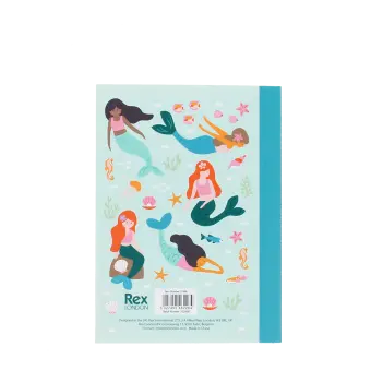 A6 notebook with illustrated mermaids, sea creatures, and shells on the back cover.