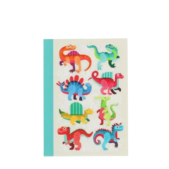 A6 Notebook with colourful dinosaurs on a light background.