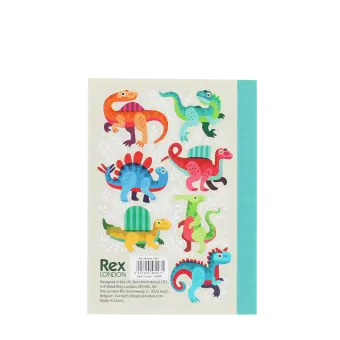 A6 Notebook with colourful dinosaurs on a light background.