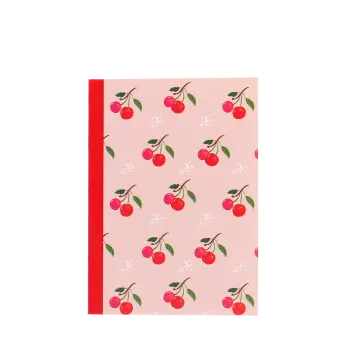 Pink A6 notebook with cherry design on the cover.