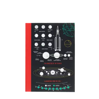 A6 Notebook with space‑themed diagrams, including moon phases, planets, and a rocket on the cover.