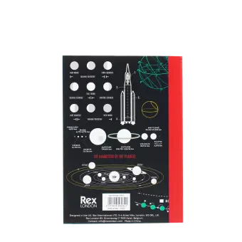 A6 Notebook with space‑themed diagrams, including moon phases, planets, and a rocket on the back cover.