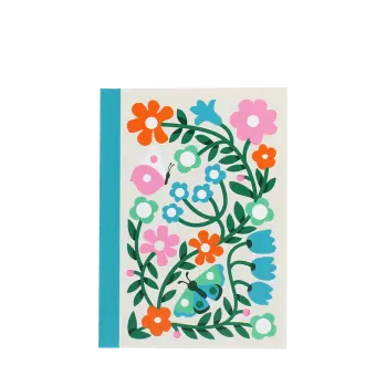 A6 Notebook with colourful illustrated flowers, leaves, and butterflies on a light background
