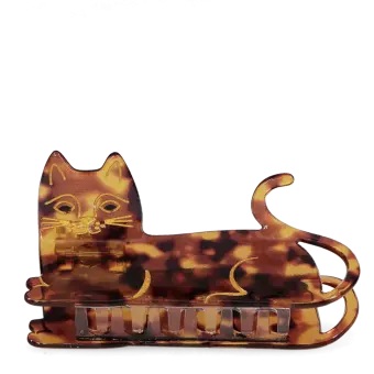 Hair claw clip featuring an adorable cat design in translucent brown, with a marbled effect. 
