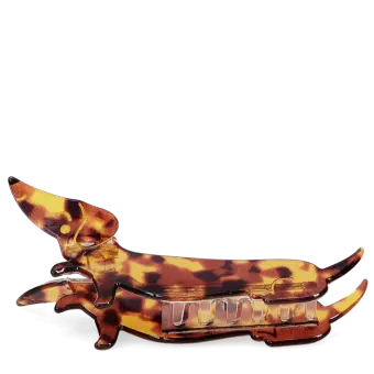 Hair claw clip featuring an adorable sausage dog design in translucent brown, with a marbled effect. 