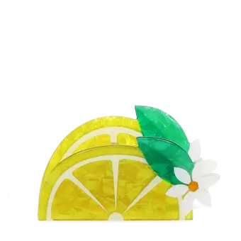 Hair claw clip featuring a fruity lemon wedge design, with hints of marbling and translucence.