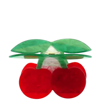 Hair claw clip featuring a sweet cherry design in red, green and white, with hints of marbling and translucence. 