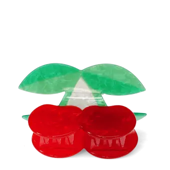 Hair claw clip featuring a sweet cherry design in red, green and white, with hints of marbling and translucence. 