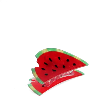 Hair claw clip featuring a fruity watermelon slice design, with hints of marbling and translucence. 