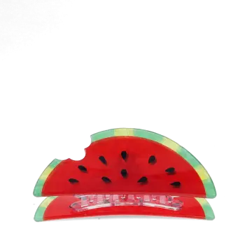 Hair claw clip featuring a fruity watermelon slice design, with hints of marbling and translucence. 