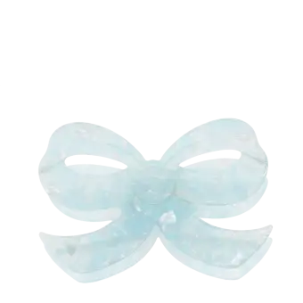 Hair claw clip featuring a pretty bow design in blue, with hints of marbling and translucence.
