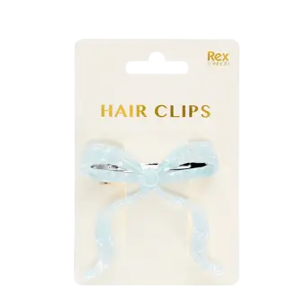 Hair clip featuring a pretty bow design in blue, with hints of marbling and translucence.