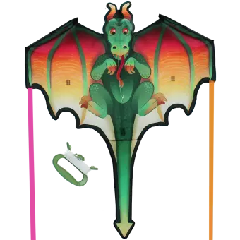 Giant dragon‑shaped kite with colourful wings and a long tail, shown with its green handle and flying line.