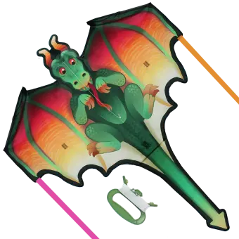 Giant dragon‑shaped kite with colourful wings and a long tail, shown with its green handle and flying line.