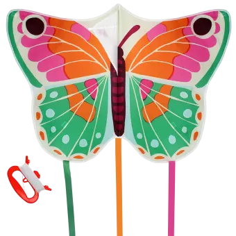 Colourful butterfly‑shaped kite with long trailing ribbons and a red handle with flying line.
